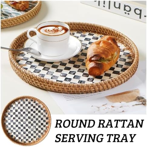 Round Rattan Tray with Mother of Pearl Inlay, Wooden Base