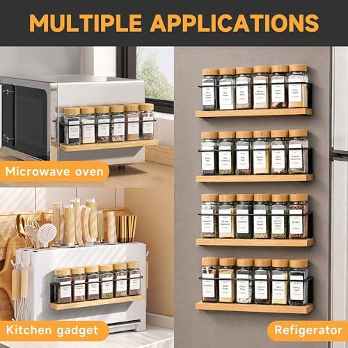 Bamboo Magnetic Spice Rack for Refrigerator, Space Saving Complete Set with 24 Bamboo Lid Glass Jars, 216 Waterproof Labels & Steel Funnel, Fridge Spice Organizer, 11.6" W x 2.4" D x 3.2" H