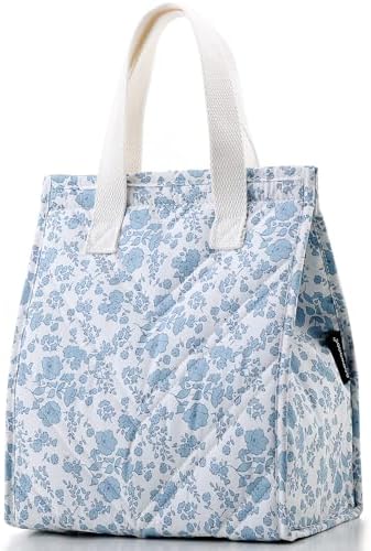 TELLUMO Quilted Floral Lunch Bag for Women, Cute Insulated Blue & White Small Lunch Box, Reusable Leakproof Tote for Work Office