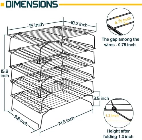 P&P CHEF 5-Tier Stainless Steel Cooling Rack, 15" x 10", Black