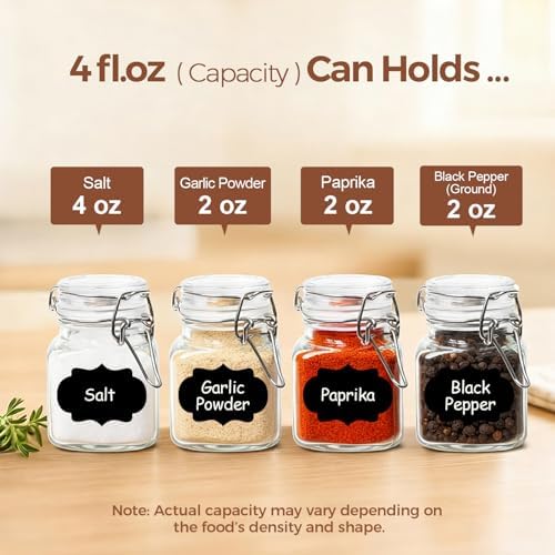 ComSaf Square Glass Spice Jars 4 oz 12 Pack with Labels and Funnel Set