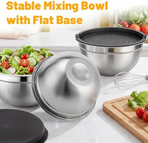 Beasea Stainless Mixing Bowls with Lids, 5 Pack 2 QT Stackable Stainless Steel Mixing Bowls with Black Lids for Salad, Serving, Food Storing, Baking Bowl Set for Cream Cake Prepping