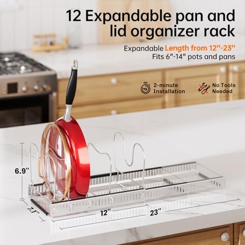 MUDEELA Expandable Pot Pan Lid Organizers inside Cabinet, 12 Divider-Silver