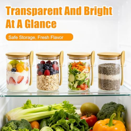 Overnight Oats Containers With Lids and Spoons, 2pack Glass Jars with Bamboo Lids, Leak-Proof Overnight Oats Jars for Cereal, Yogurt, Chia Pudding