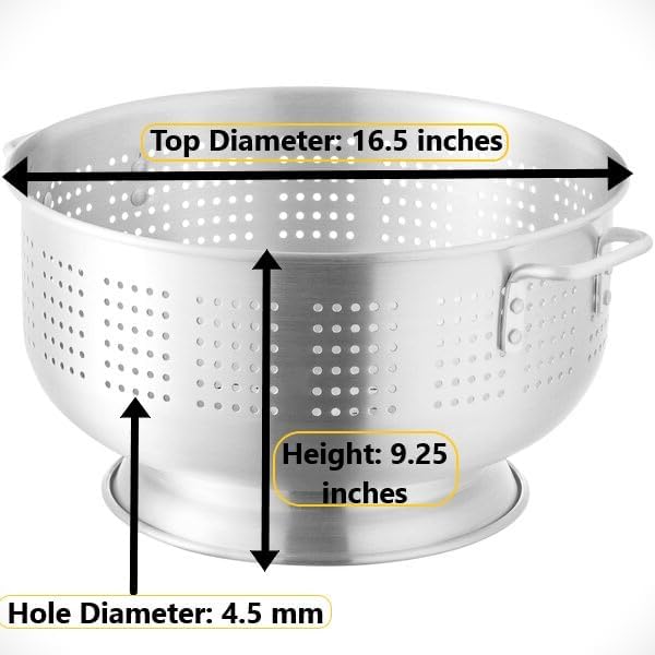 16 Qt. Aluminum Colander with Base and Handles – Heavy-Duty 16-Gauge Commercial Strainer for Pasta, Fruits, and Vegetables- (Large Colander with Top Diameter of 16.5 inches) (1, 16 Quart)