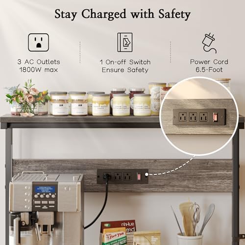 SUPERJARE Bakers Rack with Power Outlets, Microwave Stand, 31.5 X 16.5 Inch Larger Desktop, Kitchen Storage Rack with Adjustable Middle Shelf, 6 S-Shaped Hooks, Coffee Bar Stand, Grey