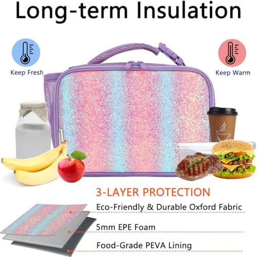 GYEUKHAM Insulated Lunch Box for School, Thermal Reusable Durable Freezable Lunch Bags for Kids Boys Girls Men Women - Small Soft Cooler Portable Lunch Tote Kit for Work Picnic Travel,Purple Glitter