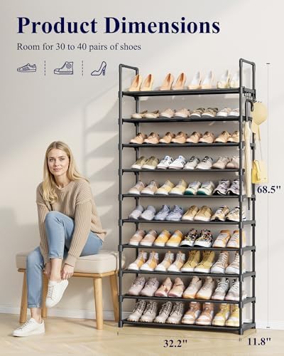 Kitsure 10 Tier Shoe Rack, Tall Shoe Organizer, 32.2" Wide, Black