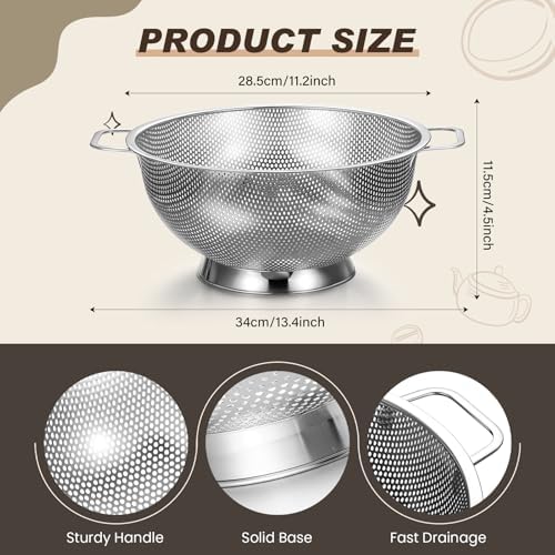 Norme 5 Quart Silver Colander and 3 Metal Fine Mesh Strainer Set