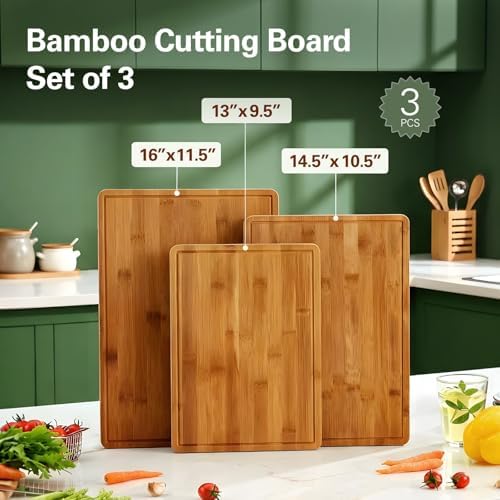 Zarler Bamboo Cutting Boards for Kitchen, Wood Cutting Board with Juice Grooves and Handles, Wooden Chopping Board Set for Meal Prep, 500℉ Carbonized Bamboo, XL Size, Ideal Kitchen Gift