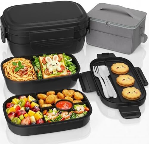 BPA Bento Lunch Box Set with Lunch Bag, 3-Tier Stackable Leak-Proof （Black）