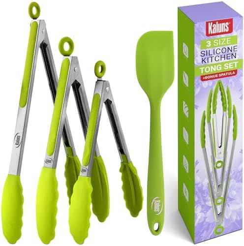 Kaluns Kitchen Tongs for Cooking Grilling Set of 4, BBQ Grill Tongs With Silicone Tip Stainless Steel Heat Resistant, Non-stick Pull Lock, Incl 7, 9, 12 Inch Tong Plus a Silicone Spatula