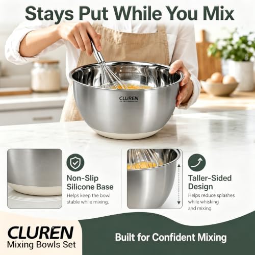 304 Stainless Steel Mixing Bowls Set, 3-Piece (1.5, 3 & 5 QT)
