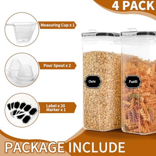 Cereal Containers Storage Set (4L / 135.2oz), 4PCS Airtight Food Storage Containers with Lids, Cereal Dispensers for Kitchen Pantry Organization and Storage with Pour Spout, 20 Labels, Marker