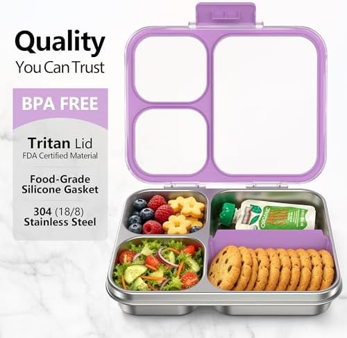 HOMEKOL Stainless Steel Bento Lunch Box 3-Compartment, 4.2Cups, Purple