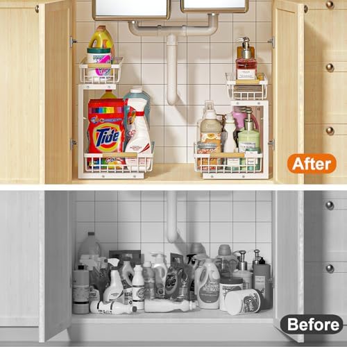 REALINN Under Sink Organizer, White 2 Pack Height Adjustable