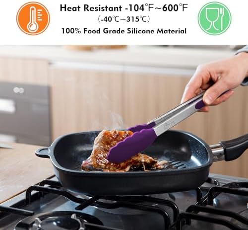 HOTEC Premium Stainless Steel Locking Kitchen Tongs with Silicon Tips, Set of 2-9" and 12" (Purple)
