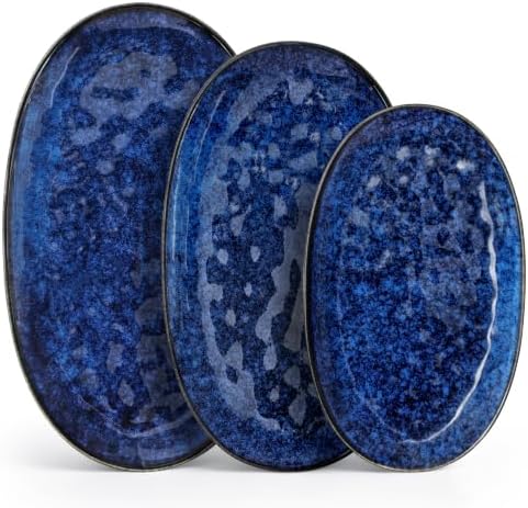 vancasso Ceramic Serving Platters Set of 3, Oval 16/14.7/13.5 Inch Stoneware Serving Dishes for Entertaining, Microwave Safe Serving Trays for Food, Turkey, Cheese, Party, Reactive Glaze Navy Blue