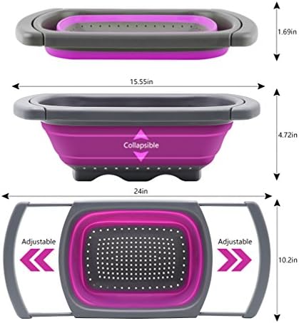 Qimh Collapsible Colander, Kitchen Colander Set Over Sink Strainer Veggies/Fruit Colanders Strainers with Extendable Handles, Dishwasher Safe Folding Strainer for Kitchen, 6-Quart, BPA Free