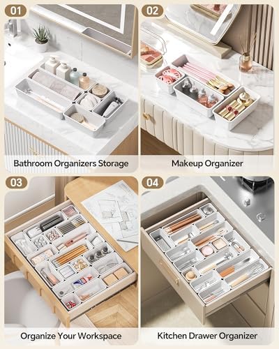 Canfanni 13 Pack Plastic Drawer Organizers Set, 3 Sizes Desk Drawer Organizer Trays for Vanity and Makeup Organizer, Organization and Storage for Makeup, Kitchen Utensils, Bathroom and Office(White)