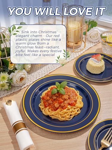 WDF Partyware 350PCS Navy Blue and Gold Plastic Plates with Rolled Napkins Include Dinner Plate 10’’, Dessert Plate 7’’, gold Cups 9 OZ, Pre Rolled Napkins for Birthday/Wedding/Party
