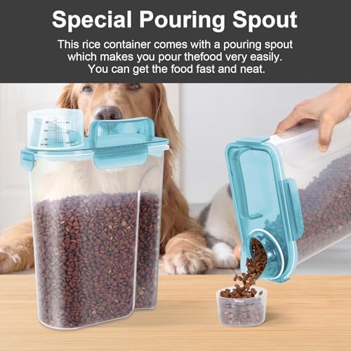 LEAWALK 5-7Lbs Cat Dog Storage Container, Portable Pet Food Containers with Upgraded Large Spout and Cup, Small Animal Kibble Dispenser for Bird Seed, Oatmeal, Rice, Flour-Clear Blue