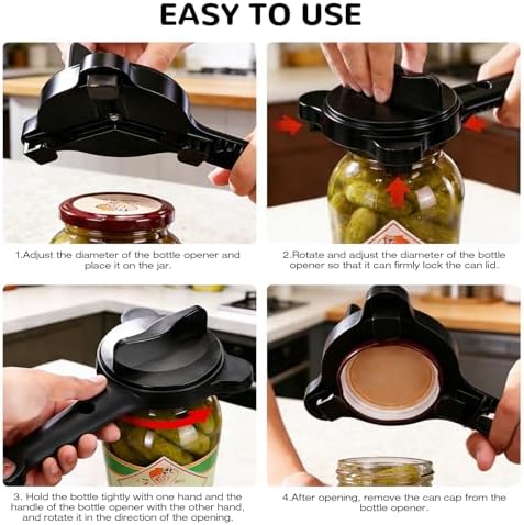 Jar Opener for Weak Hands, Seniors & Arthritis Bottle & Can Opener Manual Lid Remover for Small to Large Caps – Multi-Function Kitchen Tool for Jars, Beer, Sauces & Soda Bottles (Black)