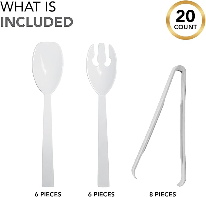 Party Essentials Plastic Party Buffet Serving Utensils Kit, Spoons/Forks/Tongs, 20-Piece, White