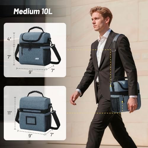 MIER Insulated Lunch Box Bags for Men Women, Dual Compartment, Bluesteel