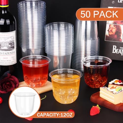 KesaPlan 50 Pcs 12oz Plastic Clear Cups, Disposable Wine Cocktail Glasses