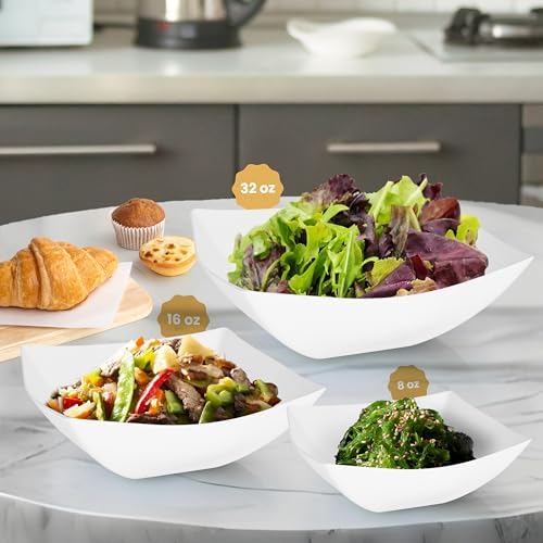 R-kay 6 Pack Square Plastic Serving Bowls - White Plastic bowls 32 Oz - White Salad Bowls Large Serving, Premium Heavy Duty For Weddings Catering And Birthday parties
