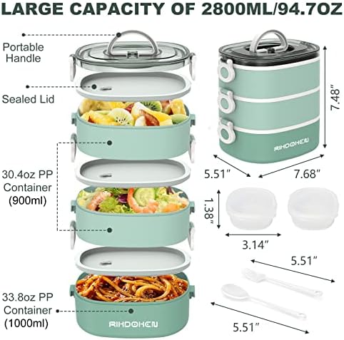 RIKDOKEN Lunch Box, Stackable 3 Layers Containers, Portable 94OZ Large Capacity Leakproof Bento Box with Spoon & Fork & Sauce Boxes, Microwave Safe Lunch Box for Kids and Adults