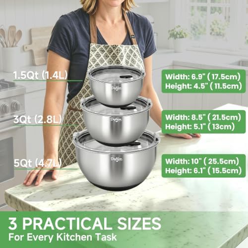Mixing Bowls with Clear Airtight Lids, 3-Piece Stainless Steel Set, Black