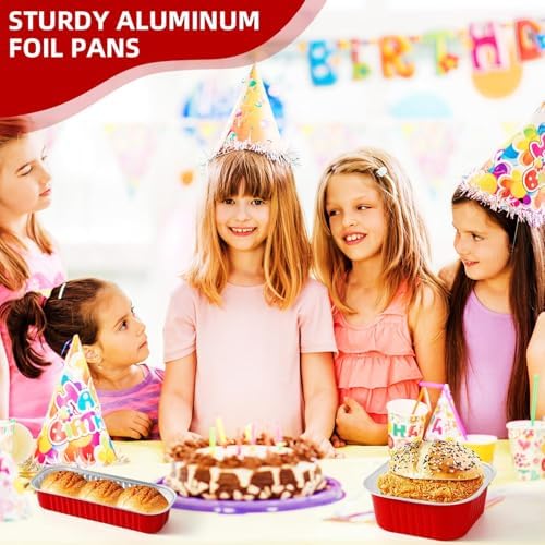 100PCS Red Mini Loaf Pan with Lids and Spoons 6.8oz Rectangular Aluminum Foil Bread Pan 10oz Square Cake Cup with Decal Disposable Baking Supply for Graduate Wedding Birthday