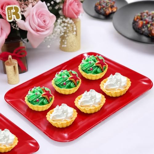3 Pack Red Plastic Serving Trays for Party - 8 x 11 Inch - Heavy Duty Red Dessert Trays for Parties