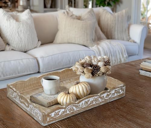 COTTON CRAFT Hand Carved Wooden Serving Tray - Breakfast Tray with Handles