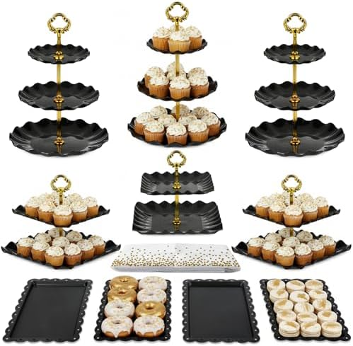 Pack of 11 NWK Cake Stand Set of Cupcake Stand, Tray & Table Cloth (Black)