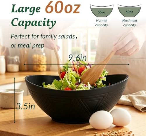 Homienly Wheat Straw Bowls Set of 6, 60 OZ Salad Bowl Large Capacity for Soup, Popcorn - Unbreakable Serving Bowl - Microwave & Dishwasher Safe Bowl, Alternative for Plastic Bowls for Kitchen - Black