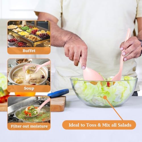 Reusable Plastic Serving Utensils Set of 24, Wheat straw Large Serving set 10" Serving Spoons/10" Slotted Spoons/9.4" Tongs, for Party Buffet Catering (Pink, Not for Cooking)