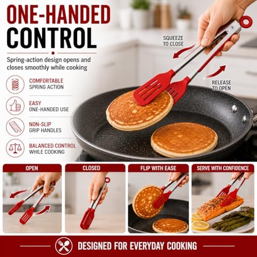 HIC Kitchen Slotted Flipper Tongs, Heat-Safe, Stainless Steel with BPA-Free Nylon, Set of 2