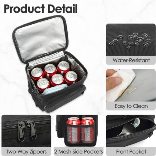 FlowFly Insulated Reusable Lunch Bag Adult Large Lunch Box for Women and Men with Adjustable Shoulder Strap,Front Zipper Pocket and Dual Large Mesh Side Pockets, Black