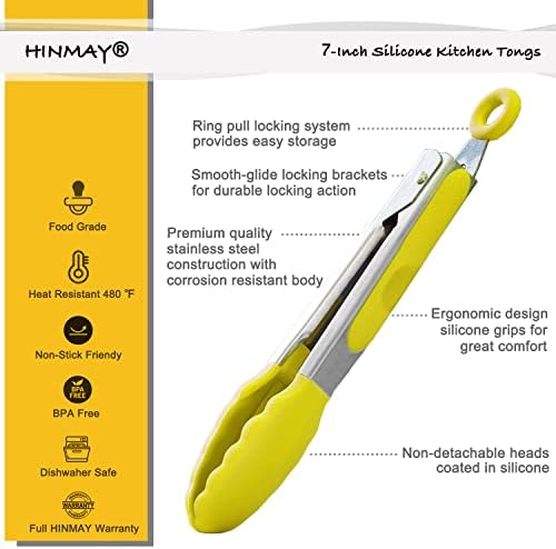 HINMAY Small Appetizer Tongs 7" Silicone Kitchen Tongs, Set of 3 (Yellow)