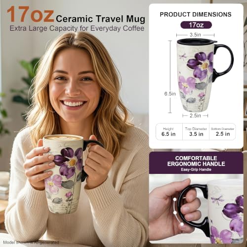 Topadorn Set of 2 Ceramic Travel Mugs with Lids, 17oz Floral Coffee Mug Set