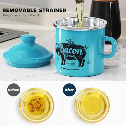 Bacon Grease Container with Strainer-15OZ Enamel Saver, Dishwasher Safe