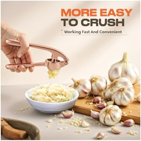 Kitchen Garlic Press, Rust Proof & Dishwasher Safe Garlic Mincer, Durable Garlic Crusher Set with Peeler＆Brush, Easy to Clean and Squeeze, Copper
