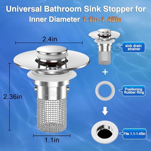Bathroom Sink Drain Strainer, Pop-up Sink Drain Strainer with Removable Stainless Steel Strainer Basket Hair Catcher, Bathroom Sink Strainer for Bathroom Sink Stopper Replacement(1PCS)