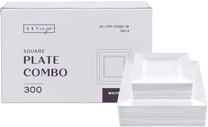 SETUP [Case of 300] Combo White Square Plastic Plates - Premium Heavy-Duty 150 Disposable 9.5" Dinner Party Plates and 150 Disposable 6.5" Salad Plates