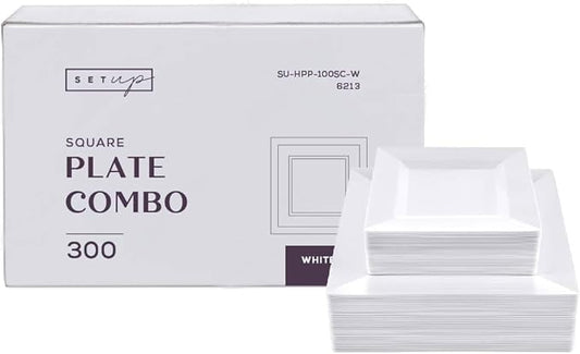 SETUP [Case of 300] Combo White Square Plastic Plates - Premium Heavy-Duty 150 Disposable 9.5" Dinner Party Plates and 150 Disposable 6.5" Salad Plates