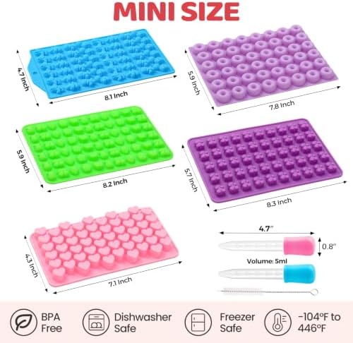Gummy Molds, 5pcs Gummy Bear Silicone Candy Molds with 2 Droppers & 1 Brush