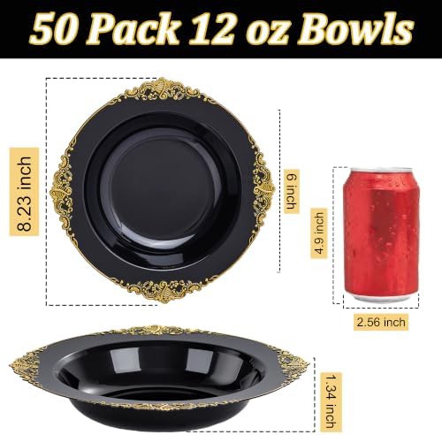 Nervure 50PCS Black Plastic Bowls with Gold Rim, 12oz Disposable Soup Bowls